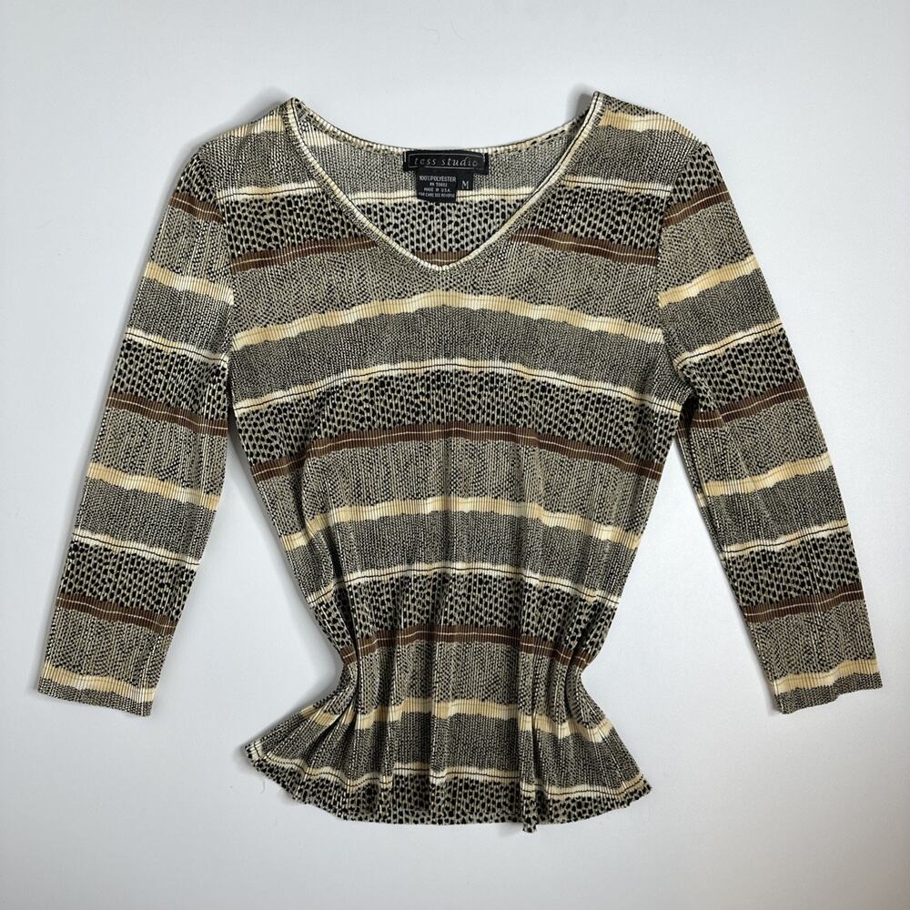 Vintage Tess Studio Womens Medium Multicolor Striped Top 3/4 Sleeve Shirt USA